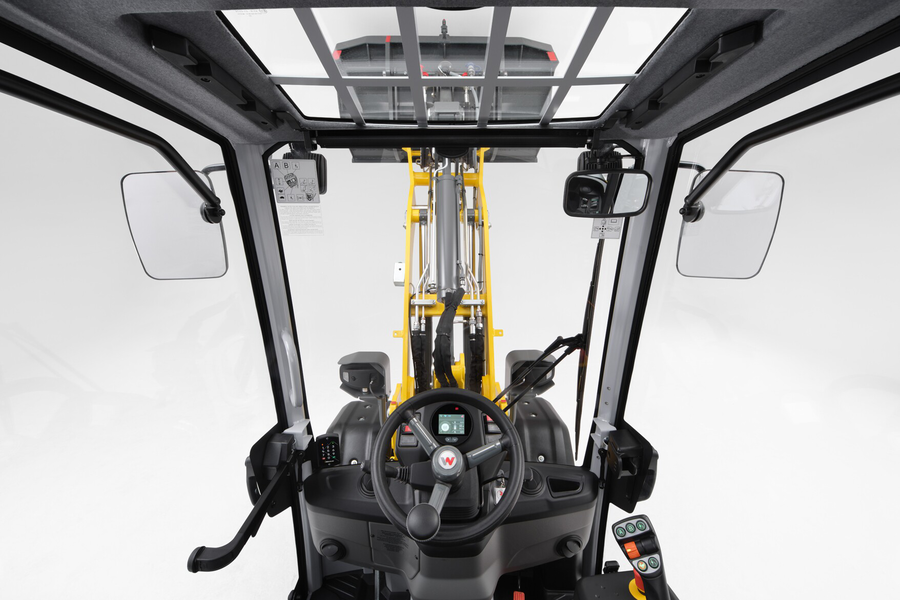 Wacker Neuson wheel loader WL28e view out of the cabin, studio